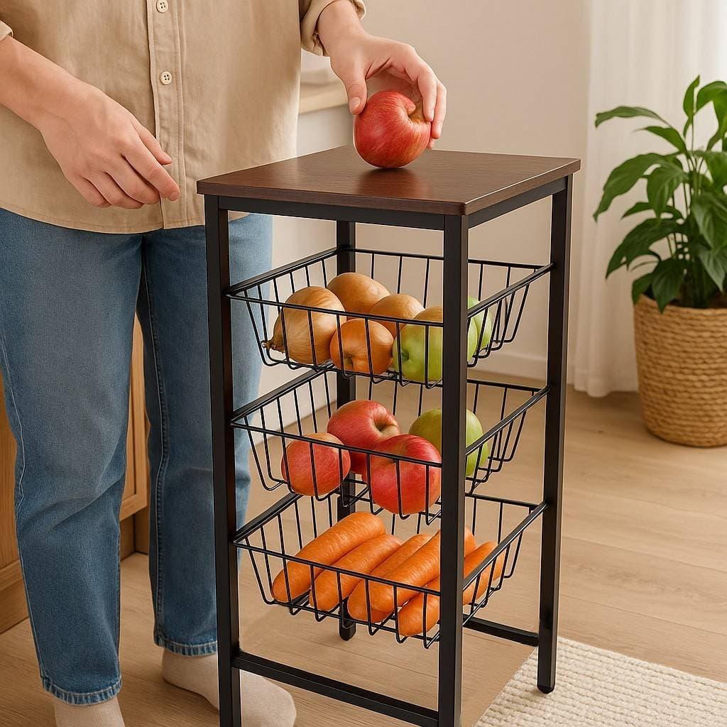 Fruteira De Chão Suporte Organizador Multiuso Preto Amadeirado
