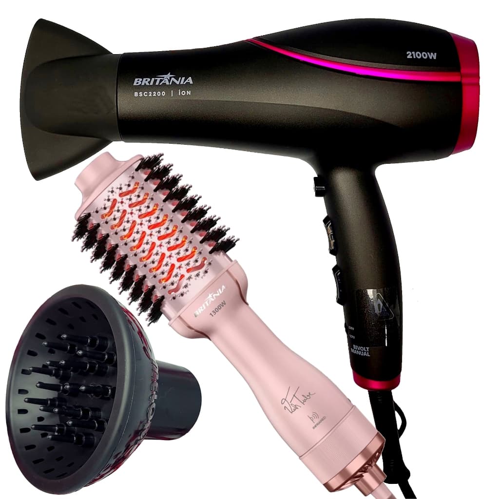 Secador Cabelo Britania Profissional 2100w Tourmaline Ions Ar Quente Frio Bs22 Difusor Escova Secadora 1300w Rosa Tube