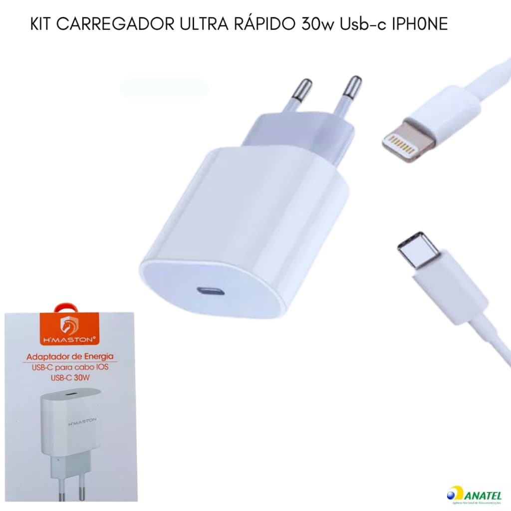Kit Carregador Ultra Rápido H'Maston 30W USB-C para iOS — Recarregamento Seguro, Rápido e com Estilo