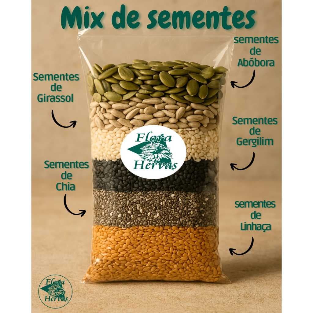 MIX SEMENTES SAUDÁVEIS - LINHAÇA, CHIA, GERGELIM, GIRASSOL, ABÓBORA - RICO EM FIBRAS, OMEGAS 3,6 E 9