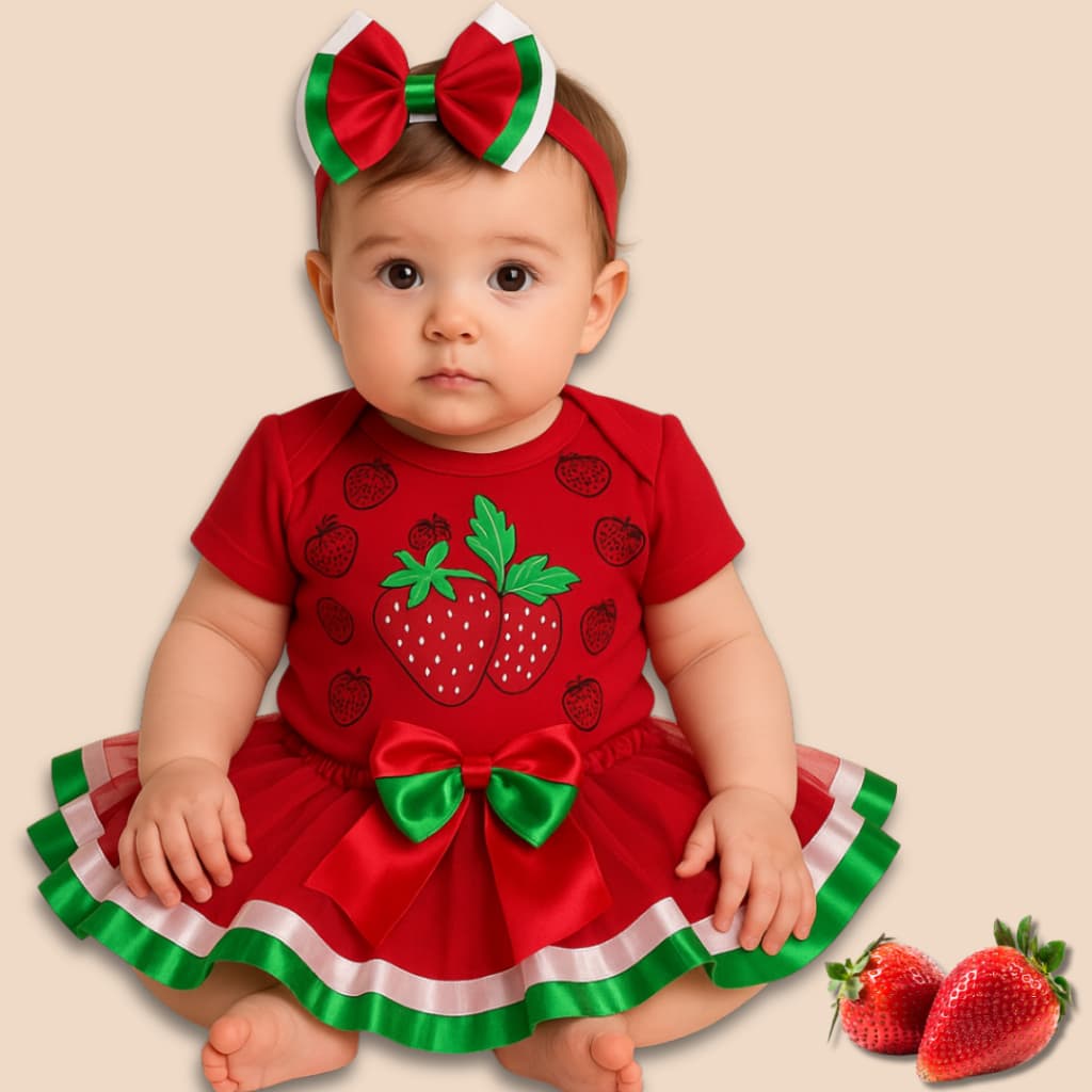 Body Bebe Menina Com Saia Tule + Laço Morango Personalizado, 100% algodão
