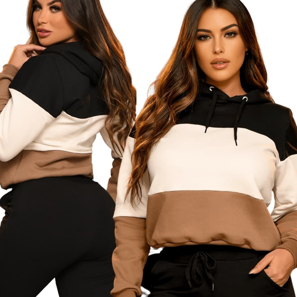 Conjunto Moletom Feminino Blusa e Calça Flanelados Com Capuz Barras Cintura Elastico