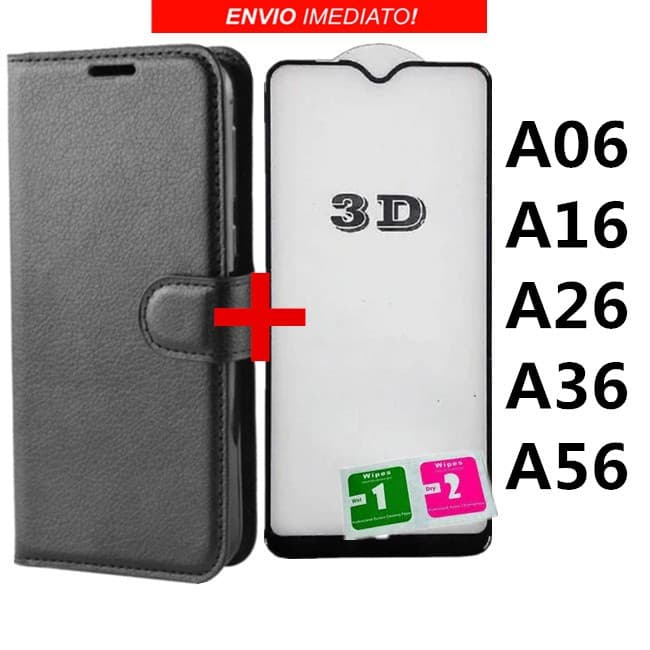 Capa Capinha Carteira Flip + Película de vidro 3D Para Samsung Galaxy A05/A15/A35/A06/A16/A26/A36/A56/A07/A17/A37/A57