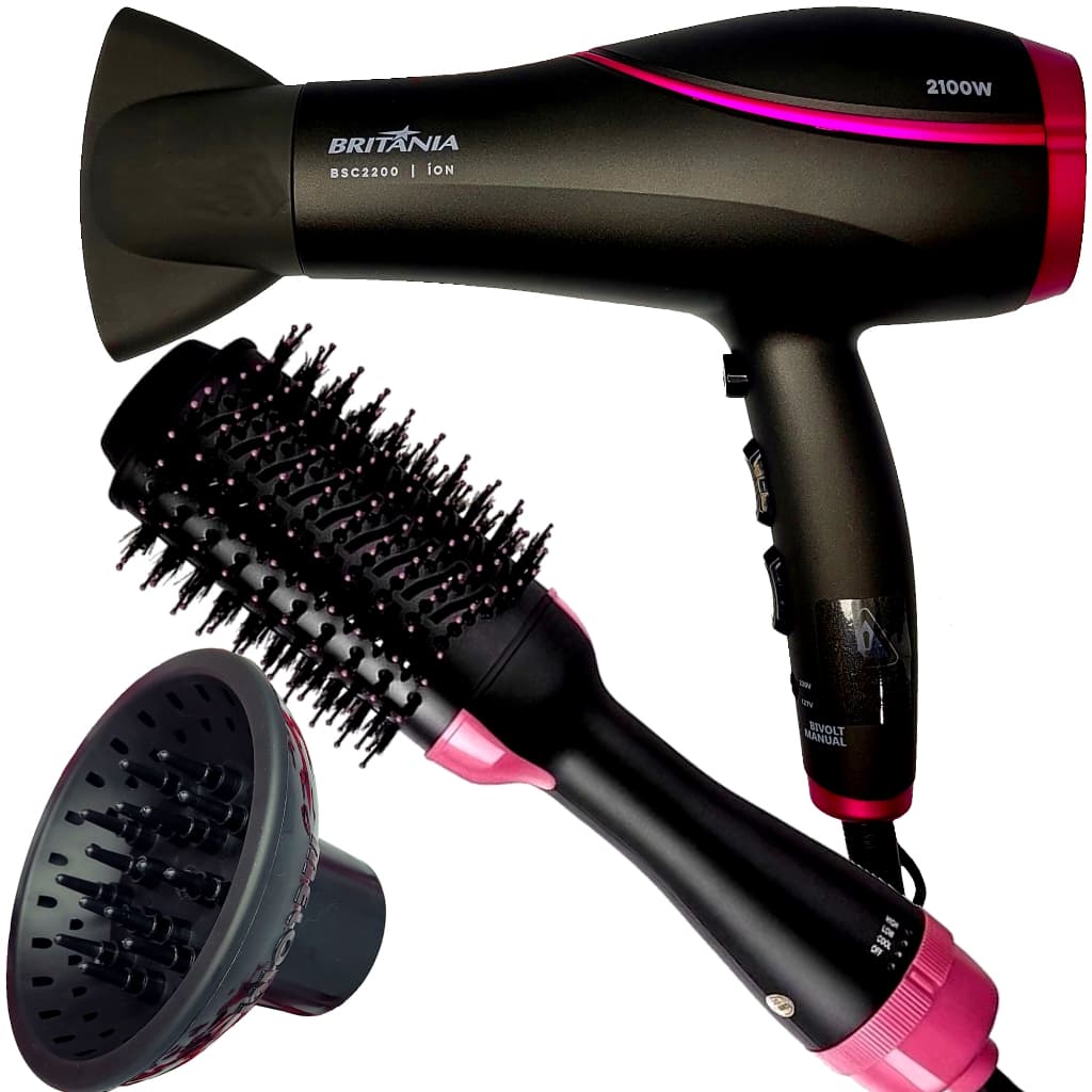 Secador De Cabelo Britania Profissional 2100w Tourmaline Ions Ar Quente Frio Bs22 Difusor Escova Secadora 4 em 1 City