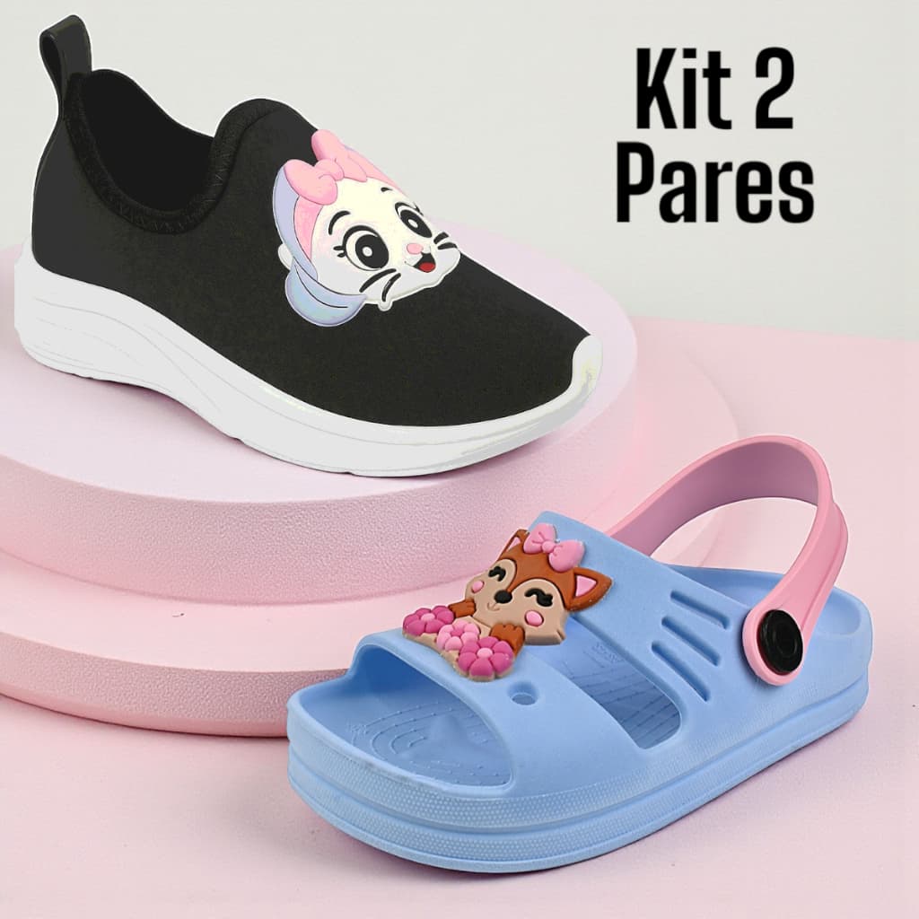 Kit 2 Pares, Tênis Infantil Menina e Sandália Confortável Leve Macio Antiderrapante