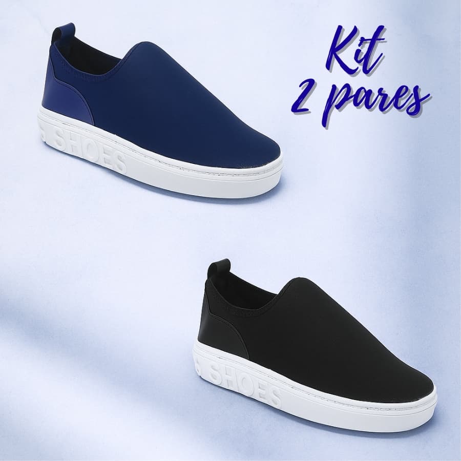 Kit 2 Tênis Meia Shoes Unissex Slip On Ortopédico Confortável Casual Leve – Preto e Azul