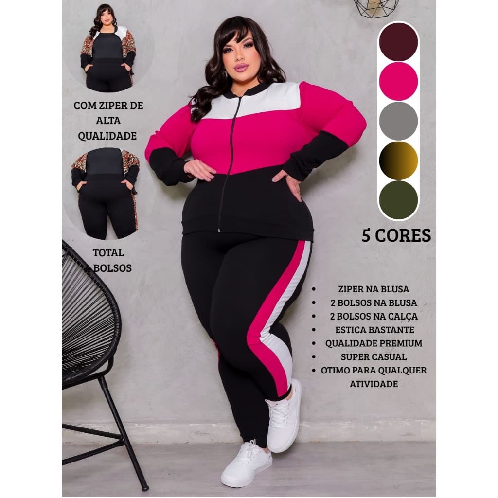 Conjunto Feminino Plus Size G1234 Linha Premium Calça e Blusa Com Ziper Malha Crepe Confortável Calça Jogger  Moleton S