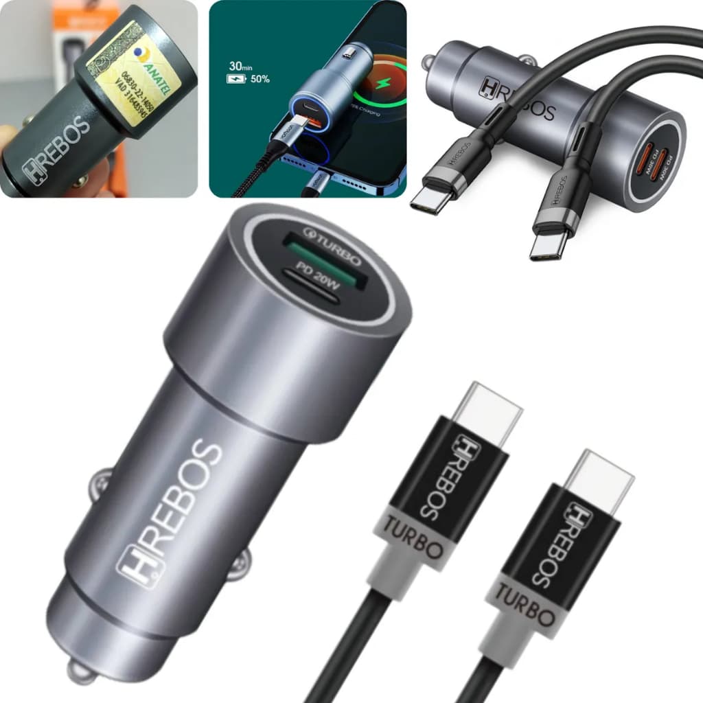 Carregador Veicular Hrebos Para Celular Turbo 20w + Cabo Tipo-c