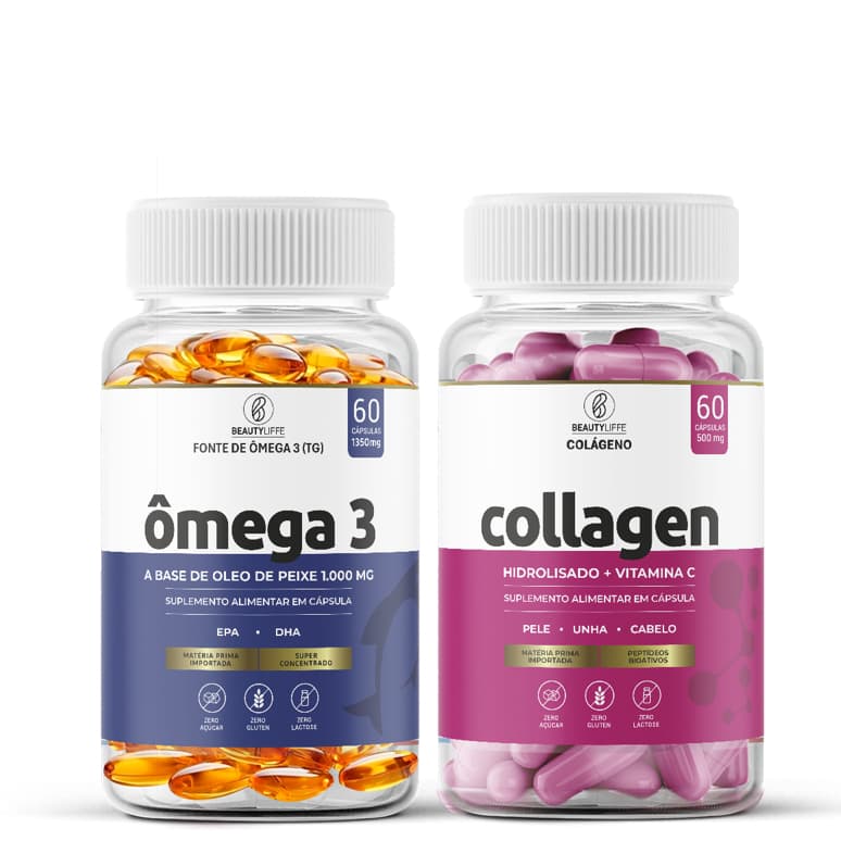 KIT Ômega 3 60 Caps. + Colágeno Hidrolisado com Vitamina C e Peptídeos BioAtivos 60 Caps BeautyLiffe