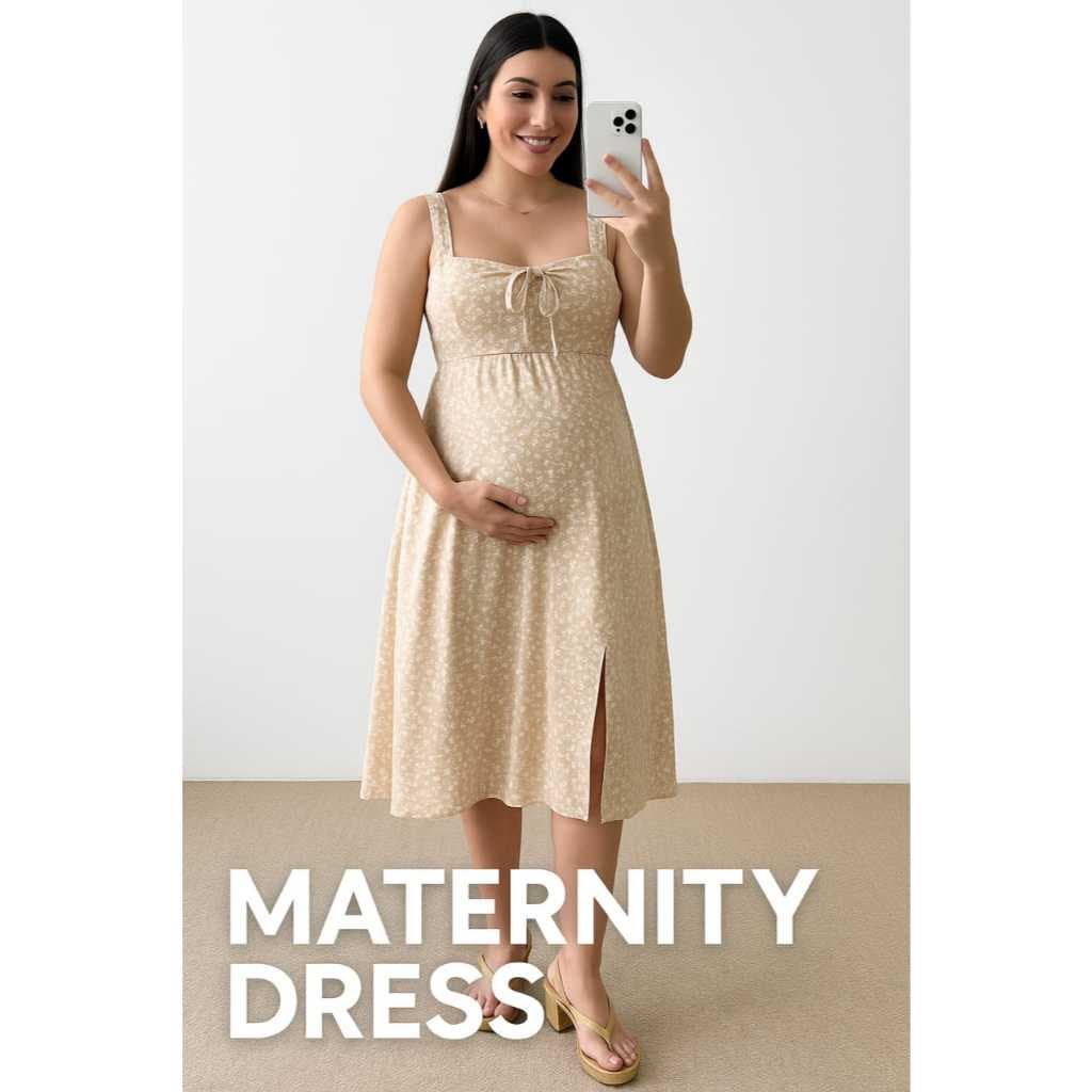 Vestido Feminina Gestante Midi Floral com Fendas e A  justes Nas Costas