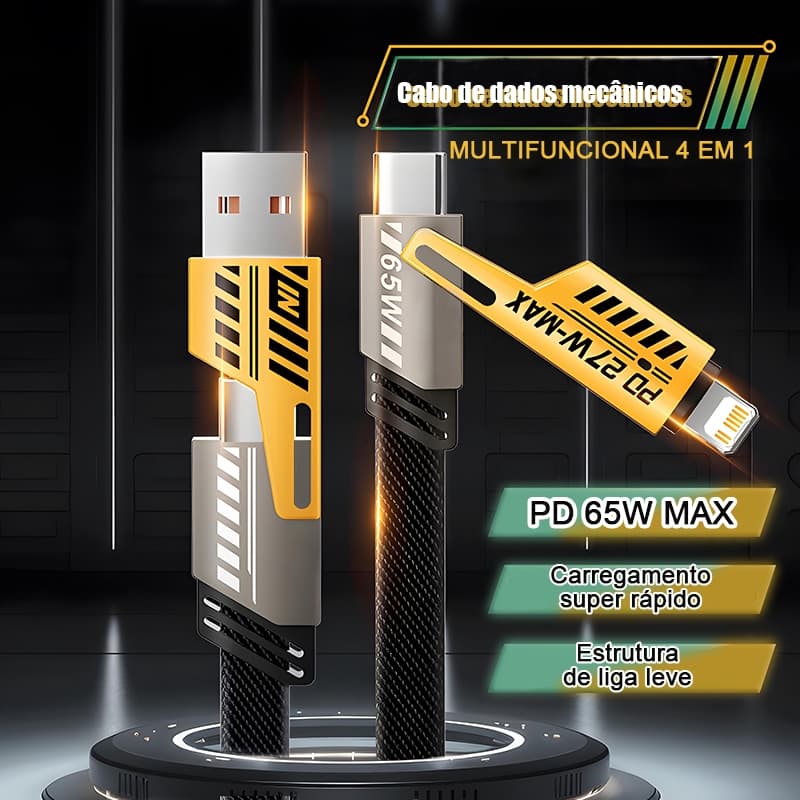 Cabo 4 em 1 Carregamento Rápido PD 65W USB Tipo C Lightning Duplo Nylon Trançado para Android e iOS