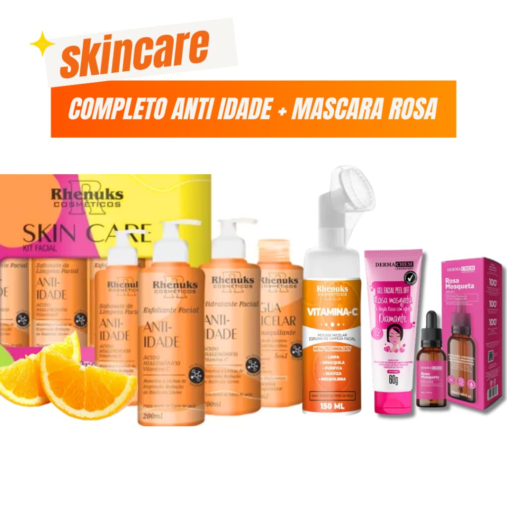 Kit Skincare Vitamina C Anti-Idade + Mousse Micelar Limpeza Facial 150ml +Gel Peel Off Mascara rosa+Sérum rosa mosqueta