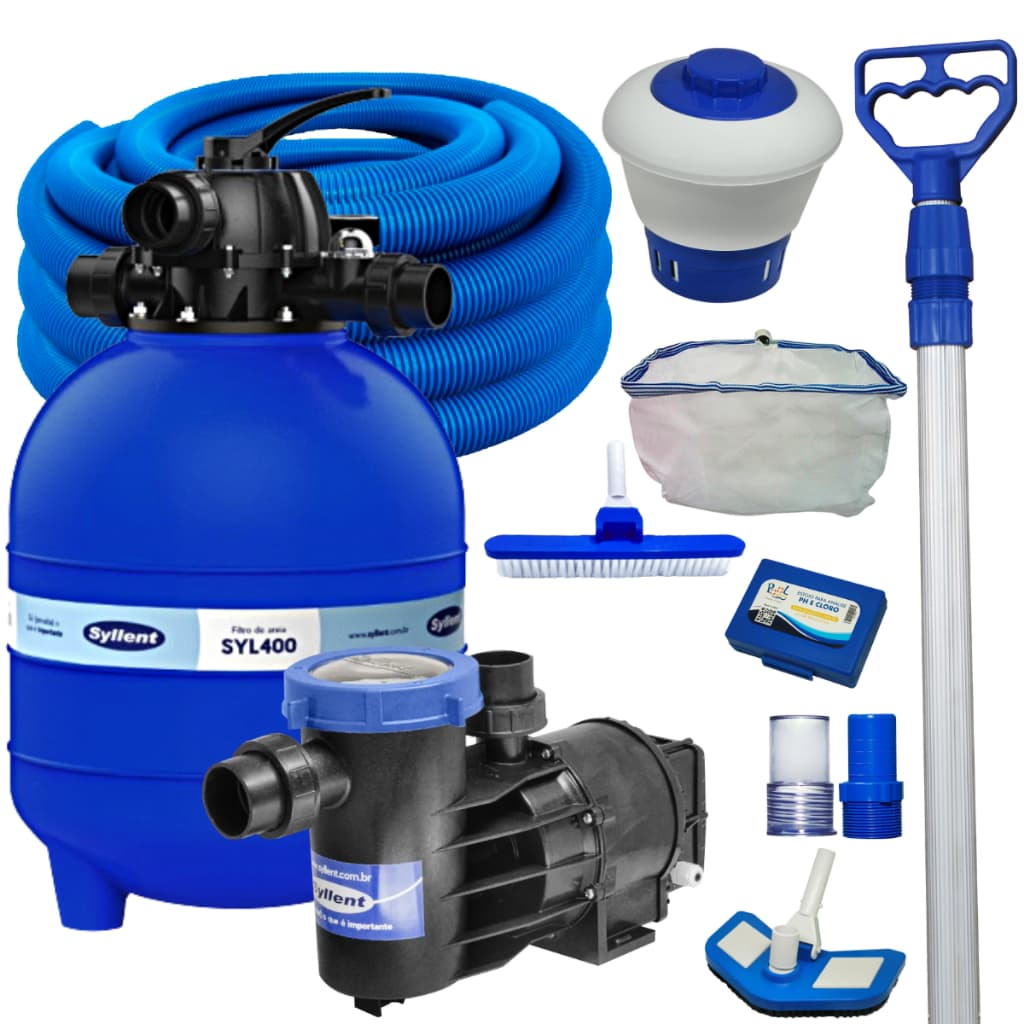 Kit Filtro de Areia Para Piscina Syl400 E Bomba 1/2cv Syllent Com Kit Limpeza e Manutenção Completo