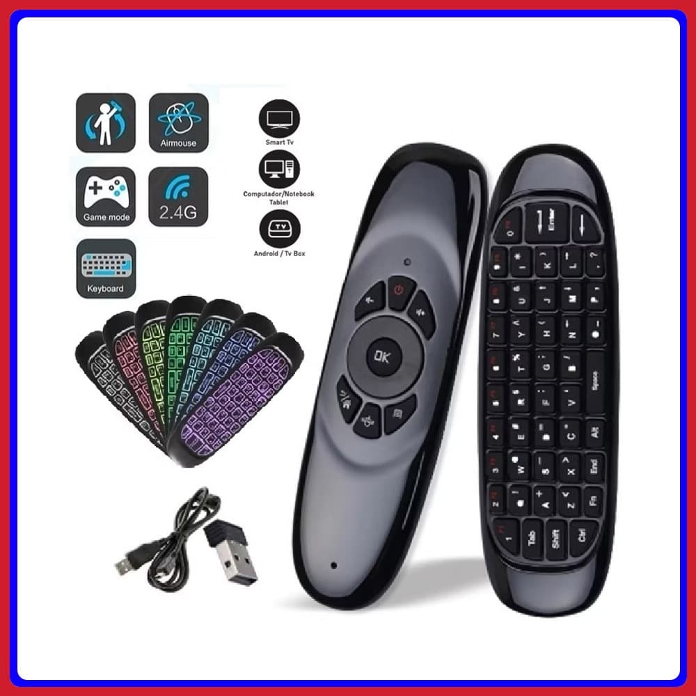 Controle sem fio com Teclado Air Mouse S/fio ''2.4 GHZ'' Wireles Com Luz Led Universal USB Smart Tv