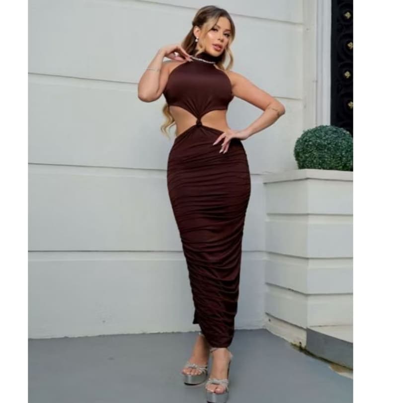Vestido Feminino Midi Ajustado com Nó Amarração Gola Alta Midy Mid moda feminina blogueira 2025 Verão Fim de Ano