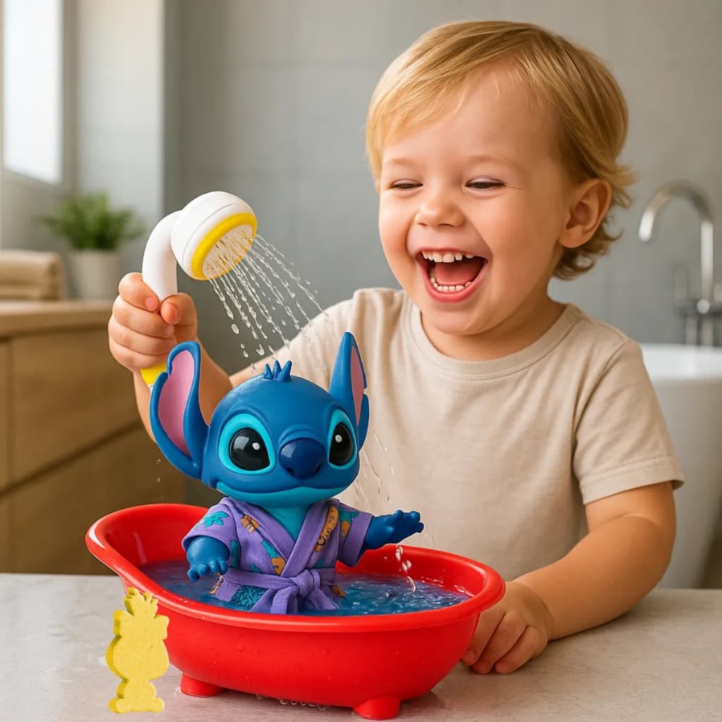 Boneco Disney Stitch Vinil Articulado Com Acessórios  Acompanha Banheira e Roupão Envio Imediato