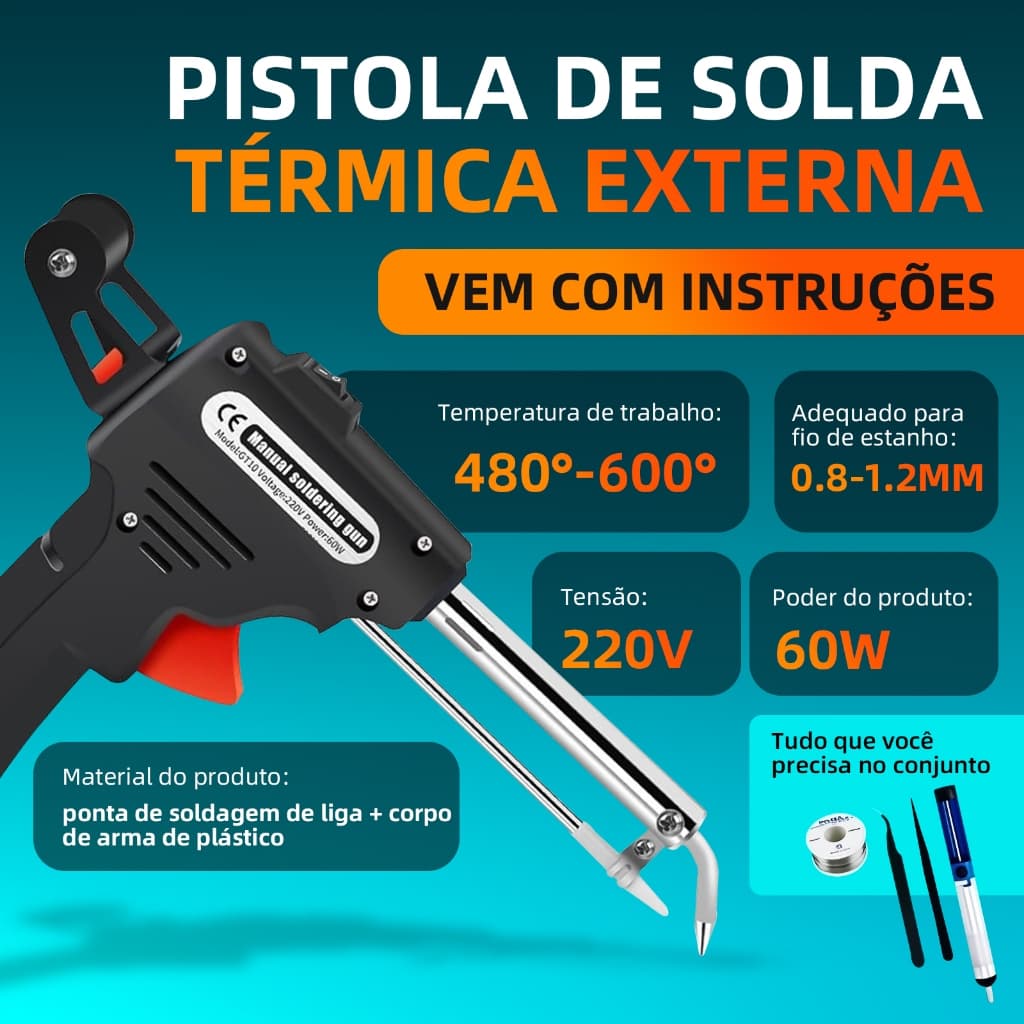 Pistola de Solda Térmica 60W 110V-220V com Fio de Estanho 1mm - Kit Completo para Reparo Eletrônico