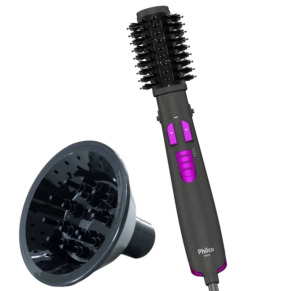 Escova Rotativa Philco Profissional 1300w Ions Secadora Alisadora Quente Frio Com Difusor De Cachos