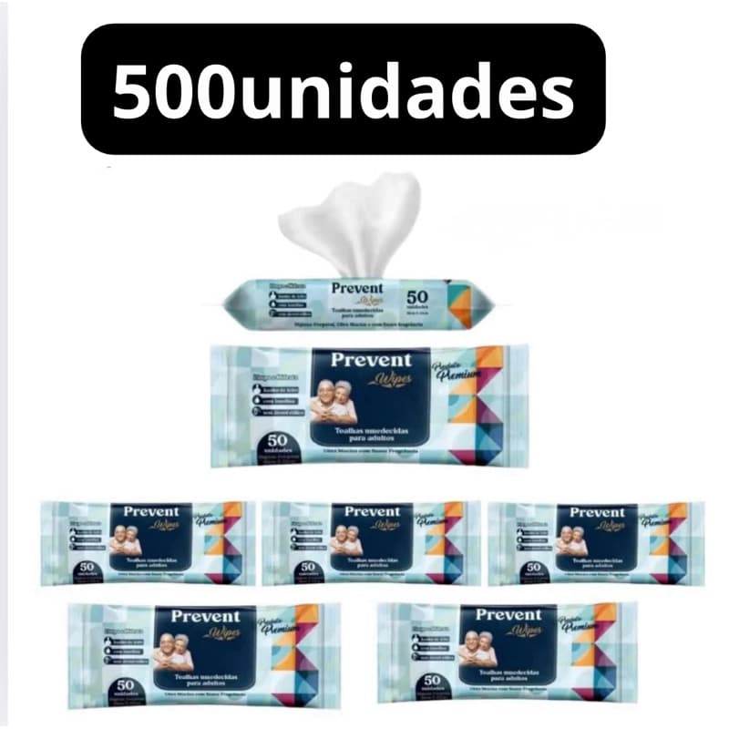 – 500 Unidades (10 Pacotes com 50 un cada) Lenços Umedecidos Adulto Prevent Wipes