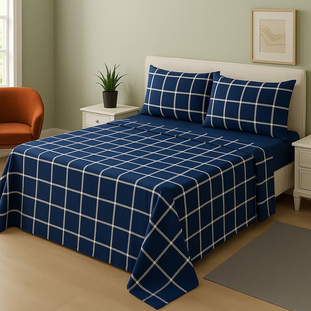 Kit Jogo Lençol para Cama de Casal Padrão 4 Pçs Completo Grid 400 Fios