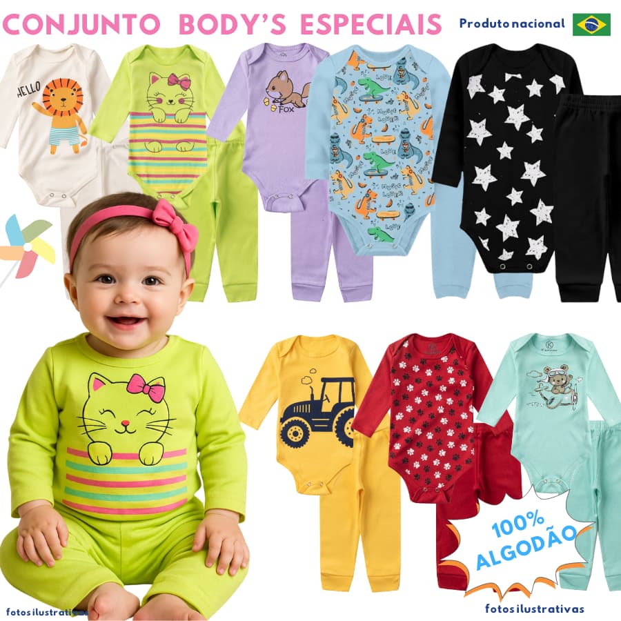 Kit 4 peças Body Bebe Menina ou Menino Enxoval de MEIA ESTAÇÃO Saida Maternidade-  Mijao