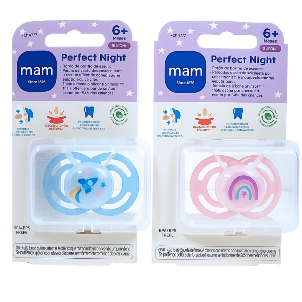 Chupeta MAM Perfect Night 6+ Meses Unitária Menino Menina Bico de Silicone Brilha no Escuro