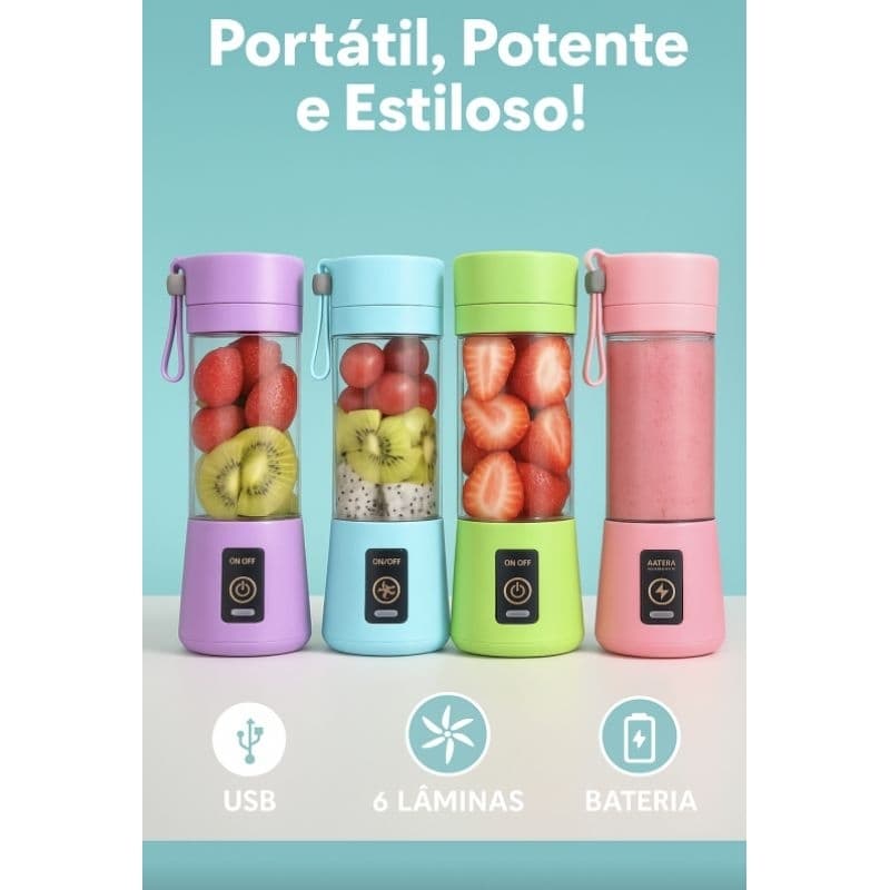 Liquidificador Portátil 6 Lâminas USB Recarregável – Mix Potente para Shakes e Sucos