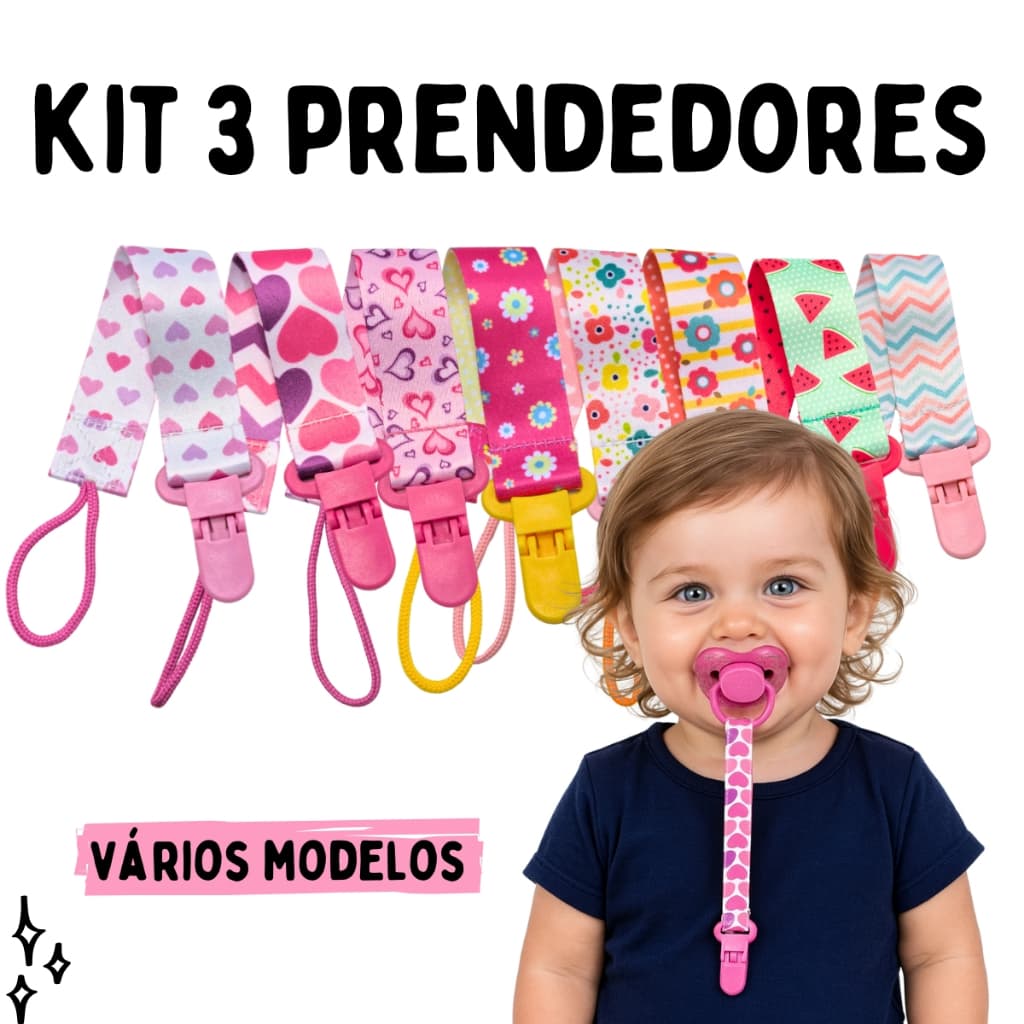 Prendedor de Chupeta Menina Kit 3 Unidades Universal Mam Avent Nuk Nillo Chupeta Prendedor Buba