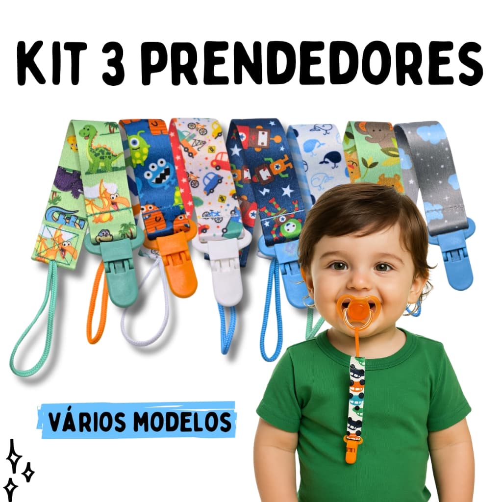 Prendedor de Chupeta Menino Kit 3 Unidades Universal Mam Avent Nuk Nillo Lolly Chupeta Prendedor