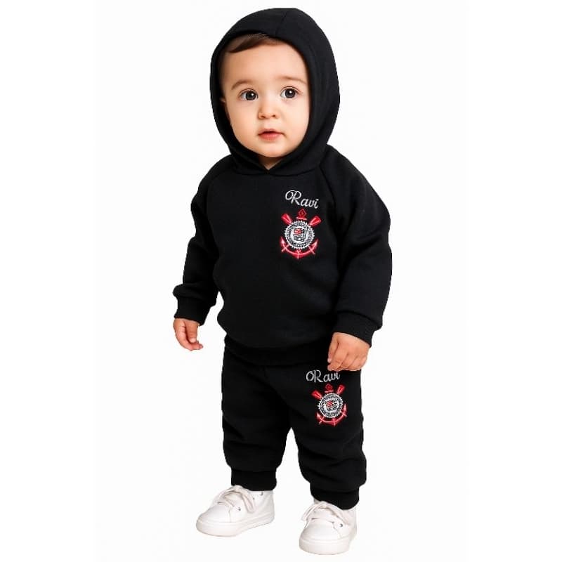 conjunto de moletom bebês e crianças com nome bordado