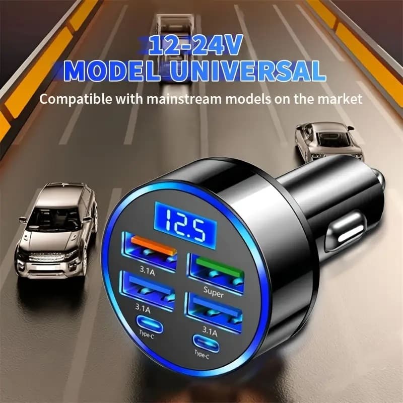 Carregador Veicular Carga Rápida  6 em 1 com 4 Portas USB + 2 Tipo C | LCD |