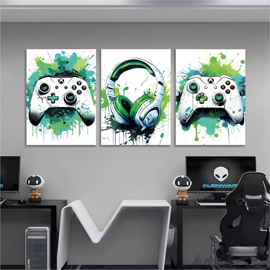 Quadro Decorativo Gamer Video Game Jogo Controle Fone Quarto 3 PEÇAS