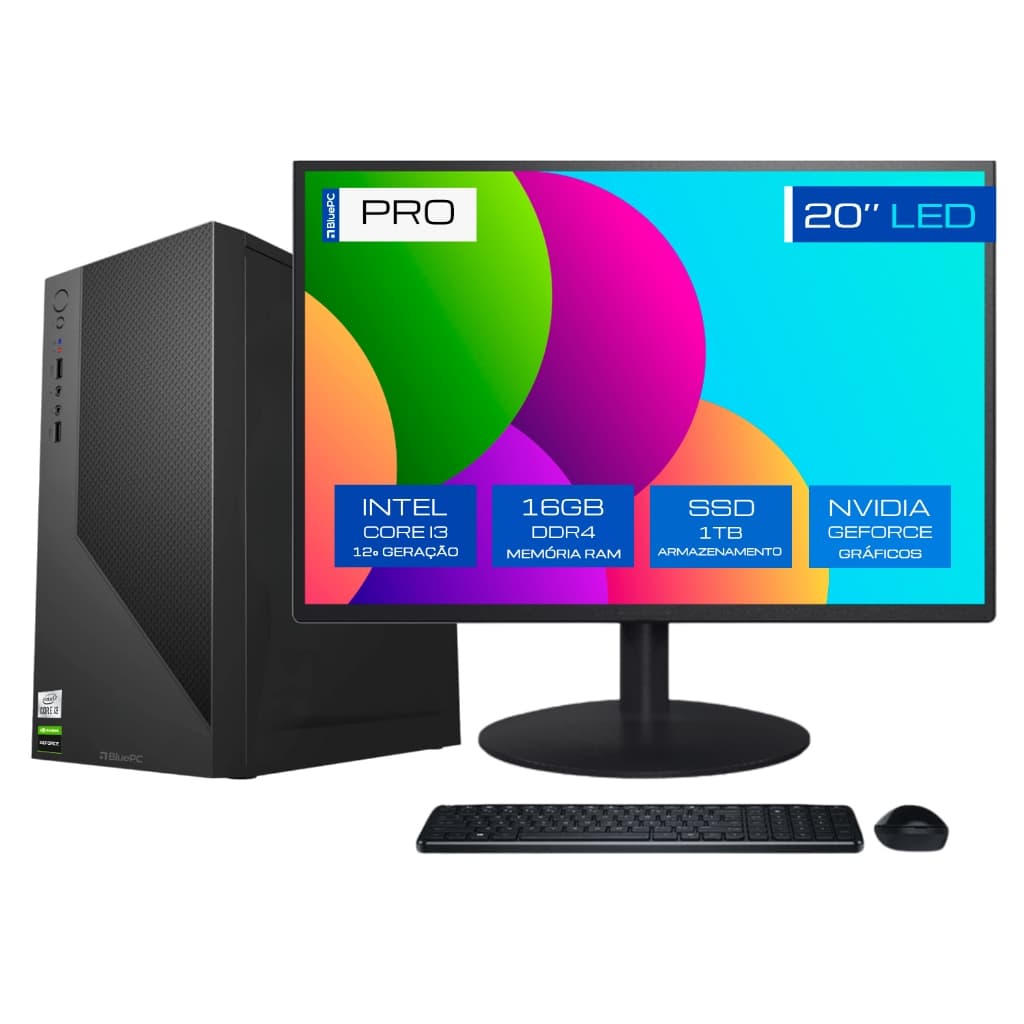 Computador BluePC PRO Intel i3 12100F, 16GB, SSD 1TB, Geforce, Win 11 Pro, Monitor 20- CDBP-PRO146