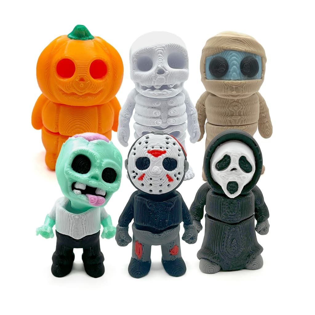 Kit Halloween 6 Bonecos Articulados – Abóbora, Esqueleto, Múmia, Zumbi, Jason e Pânico