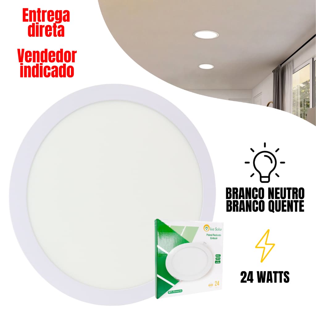 Painel Plafon Led 24W Redondo Embutir 30 cm Branco Neutro 4000K Quente 3000K Bivolt Luminária Teto