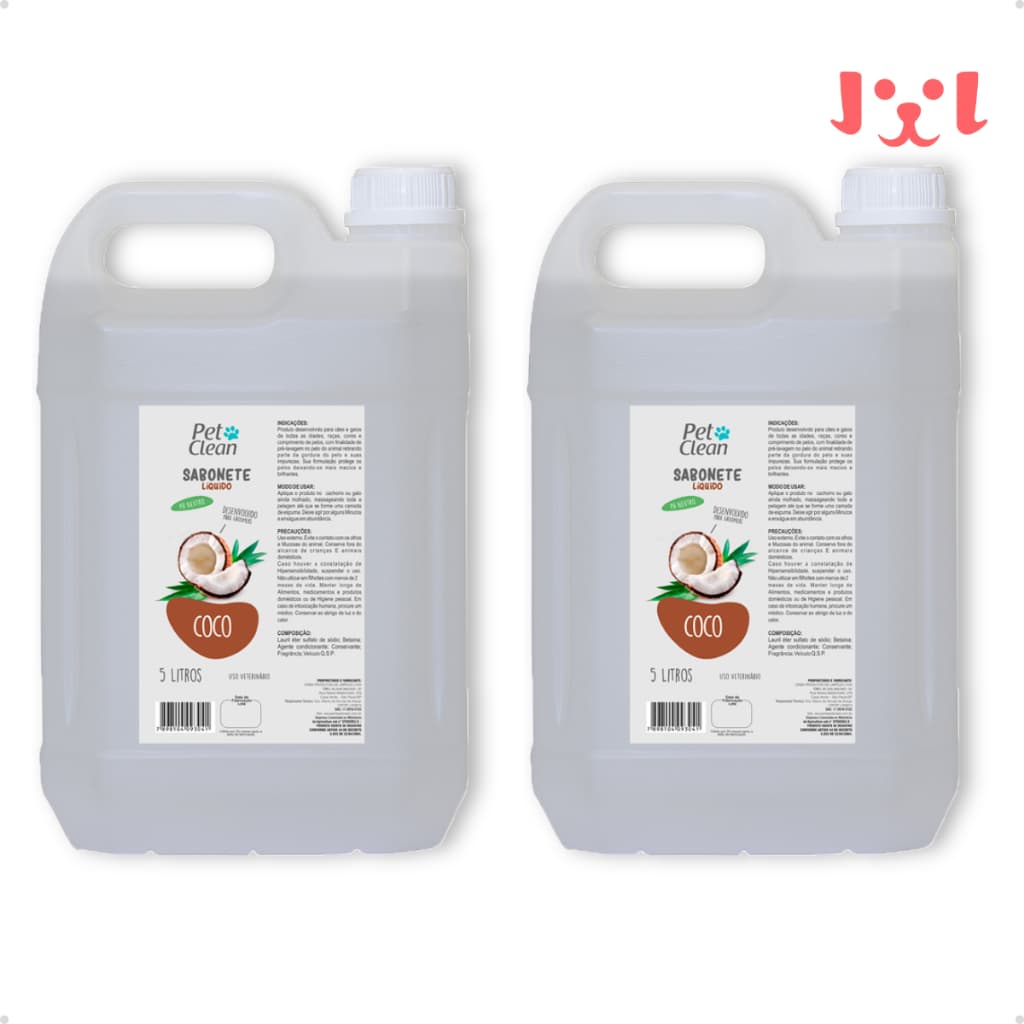 Kit 2 Shampoo e Condicionador Pet Shop para Cachorro e Gato Pet Clean Sabonete Coco - Galão 5L
