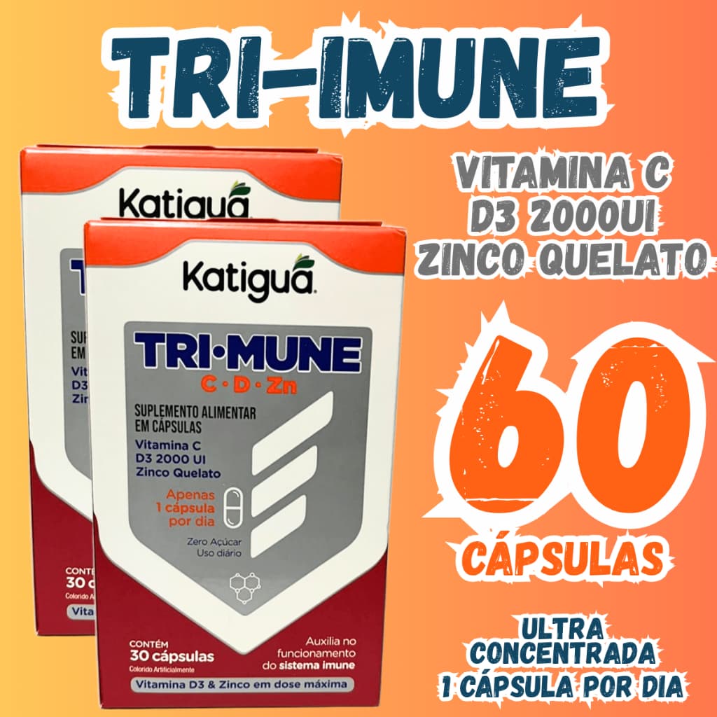 Tri-Mune Vitamina C D3 e Zinco Quelato 250mg 30 Cápsulas | Suplemento Vitamínico Katiguá | Envio Imediato