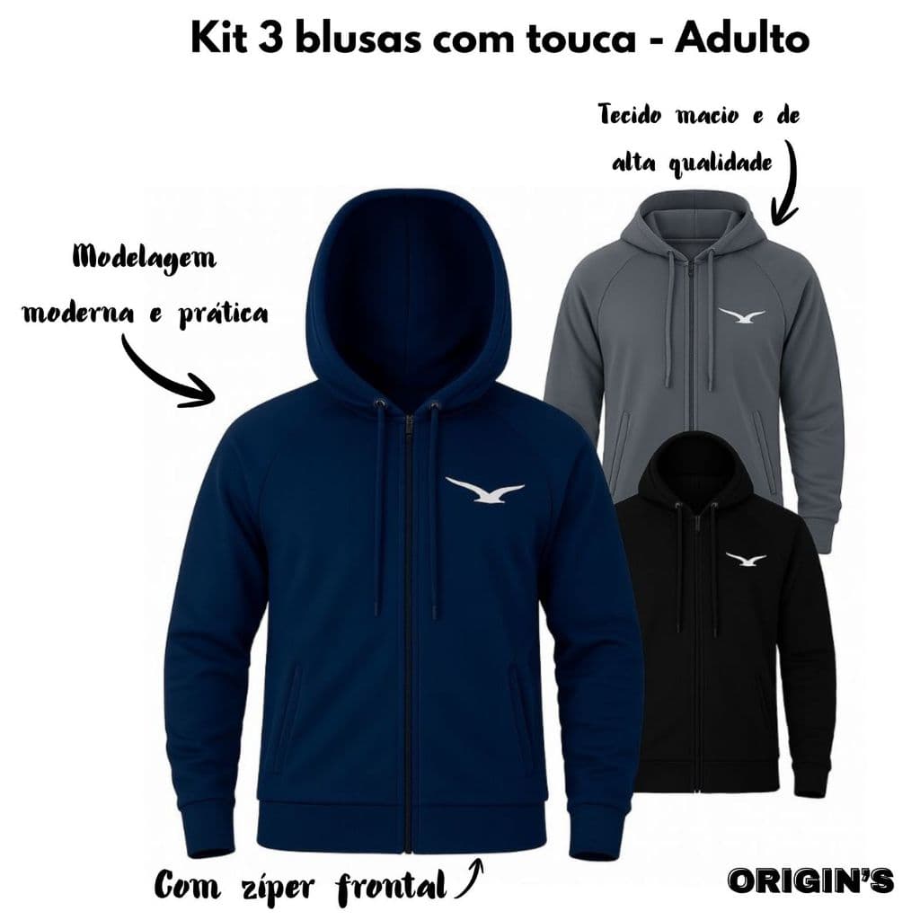 Super Kit 3 Jaquetas jogger chimpa estampa Origin's com capuz