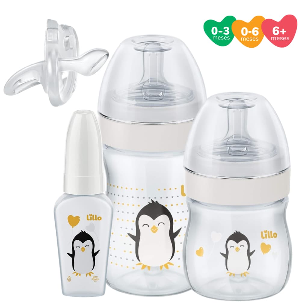 Kit Mamadeiras Neutras Lillo Bico Reto com Chuquinha e Chupeta Ortodôntica 0-6 meses 100% Silicone
