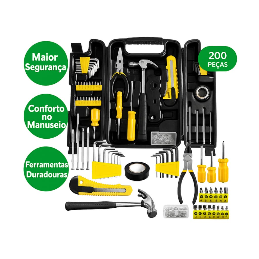 Kit Ferramentas 200 Peças - Maleta Preta Portátil, Caixa de Ferramentas Completa