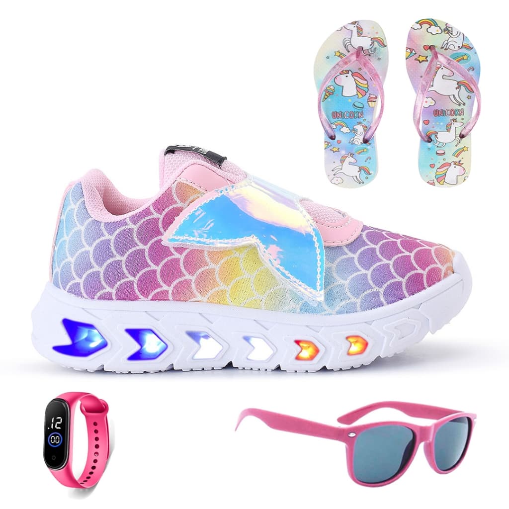 Kit Tênis Infantil De Led Sereia Luzinha Menina + Chinelo + Óculos + Relógio Macio Confortável