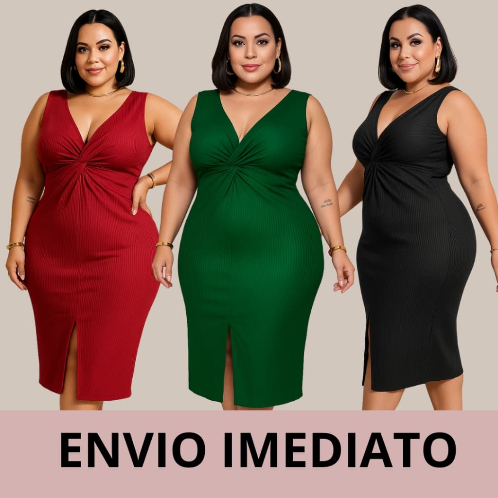 Vestido Feminino Regata Plus Size Feminino Midi Canelado e Elastano gola em V fenda Frontal moda Casual feminina Chique