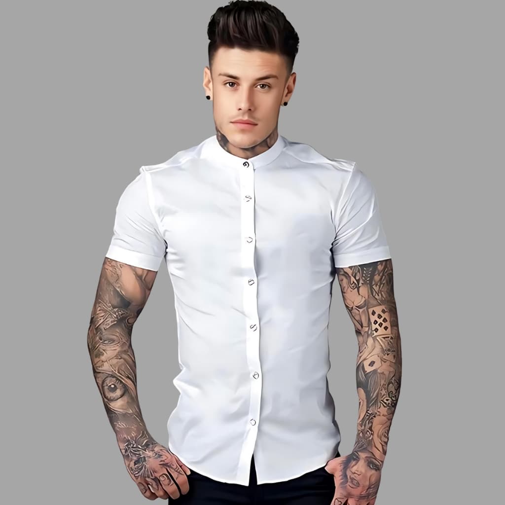 Camisa Social Masculina Manga Curta Slim Fit Gola Padre