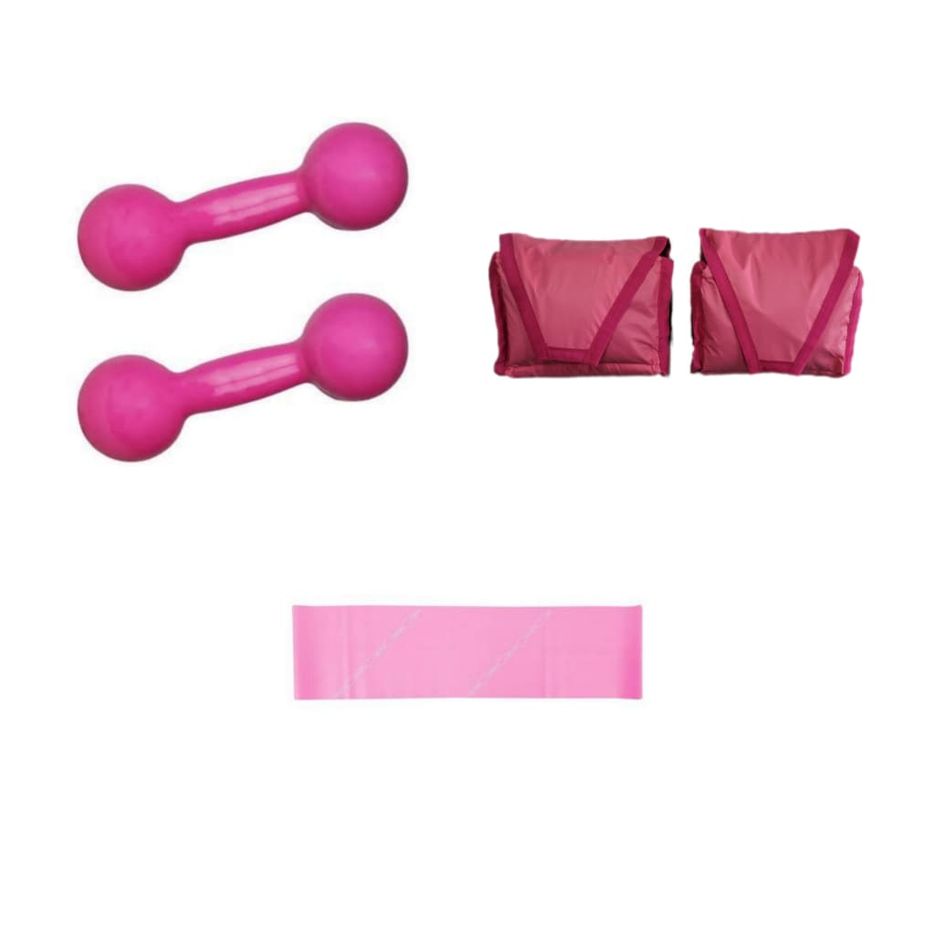 Kit Treino Rosa Academia Par Peso Halter 1 Kg Ao 3 Kg Rosa + Par Caneleira 1 Ao 3 Kg Rosa + Elástico Mini Band