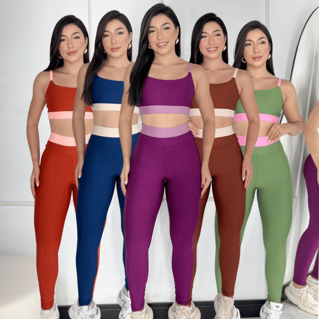 Conjunto Fitness Roupa de Academia Feminino Bicolor Calça Legging e Top Alça Zero Transparência