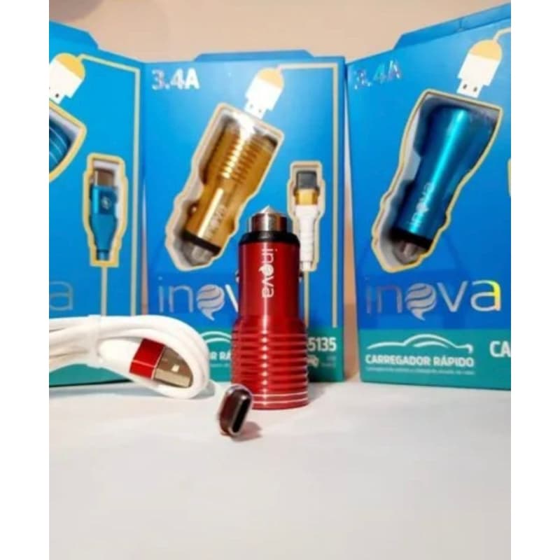 Carregador Veicular Carro Inova 2 Entradas USB  Rápido 3.4A com Cabo – Modelo Tipo C / V8 / Iphonr