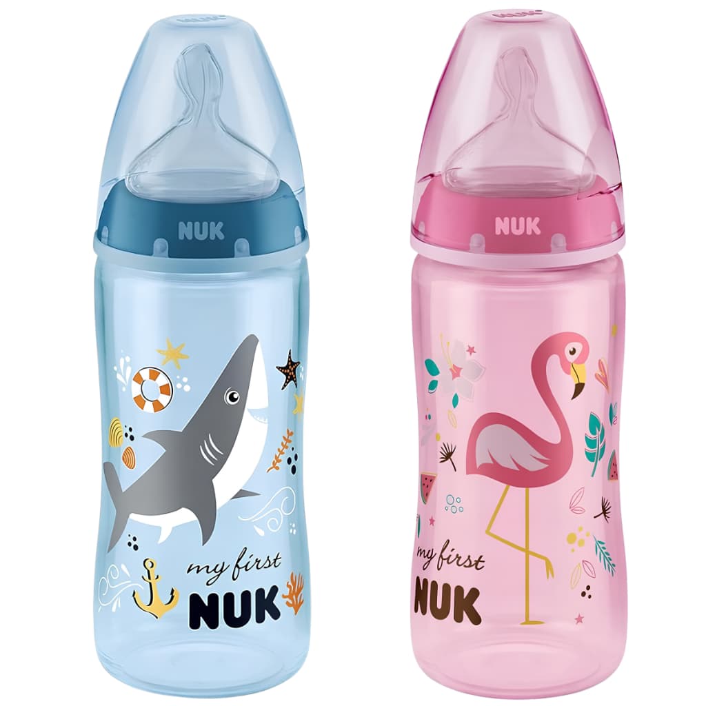 Mamadeira NUK My First Choice 300 mL Anticolica +6 Meses Bico Ortodôntica de Silicone Azul e Rosa