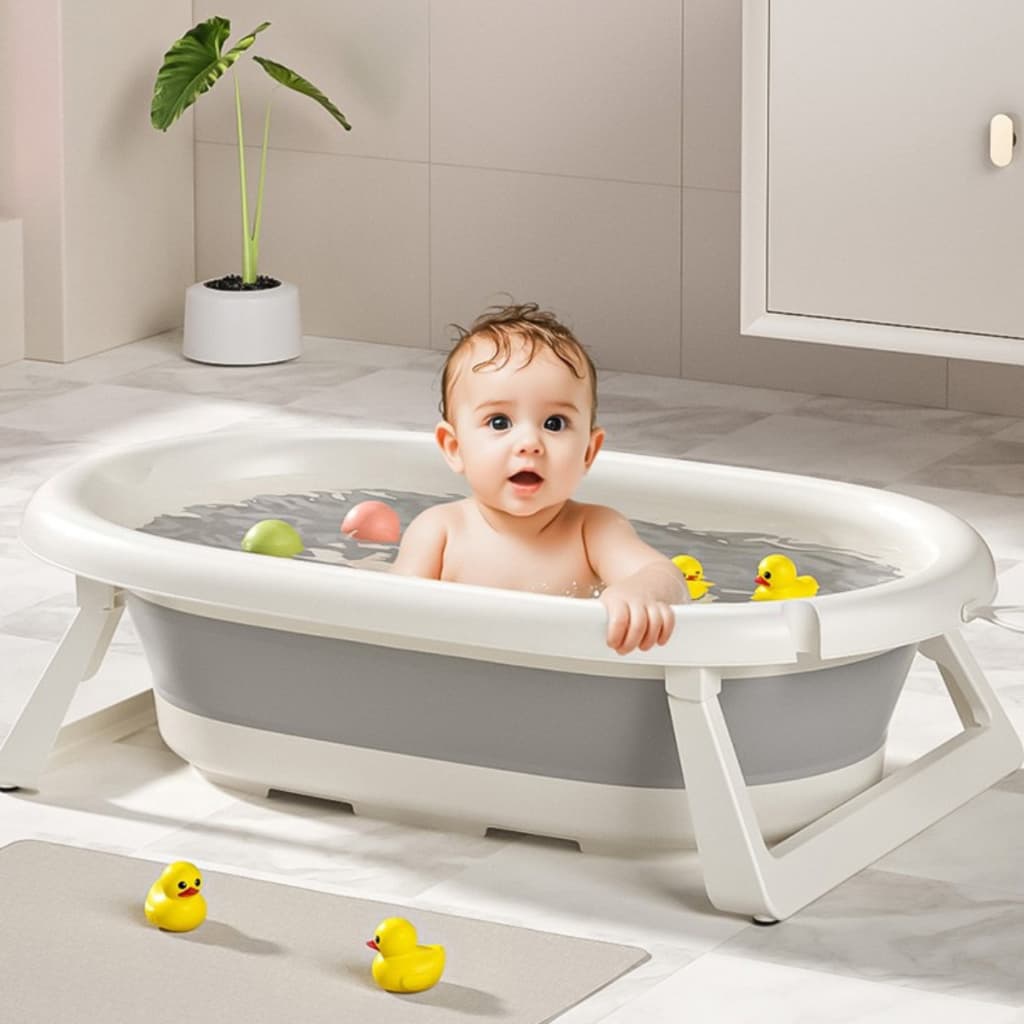 Banheira Para Bebe Dobravel Retratil Banhibaby Cinza Lisa COm Apoio de Chão