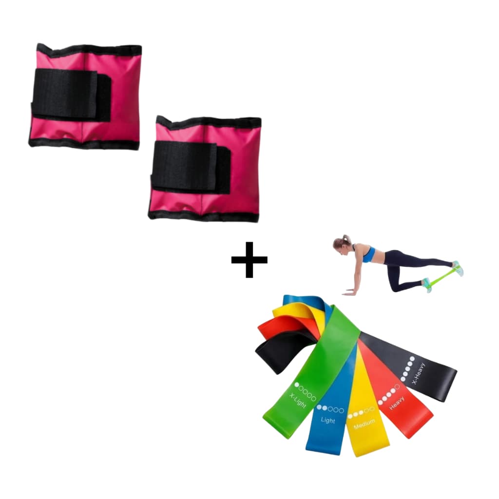 Kit Musculação Par Caneleira Rosa 0.500 Kg Ao 5 Kg Profissional + Kit Theraband Elástico De Academia Treino Pernas
