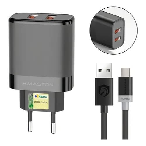 Carregador Turbo 2 Portas USB Cabo Entrada Tipo C V8 Carregamento Rápido Portátil 5.1A LR24